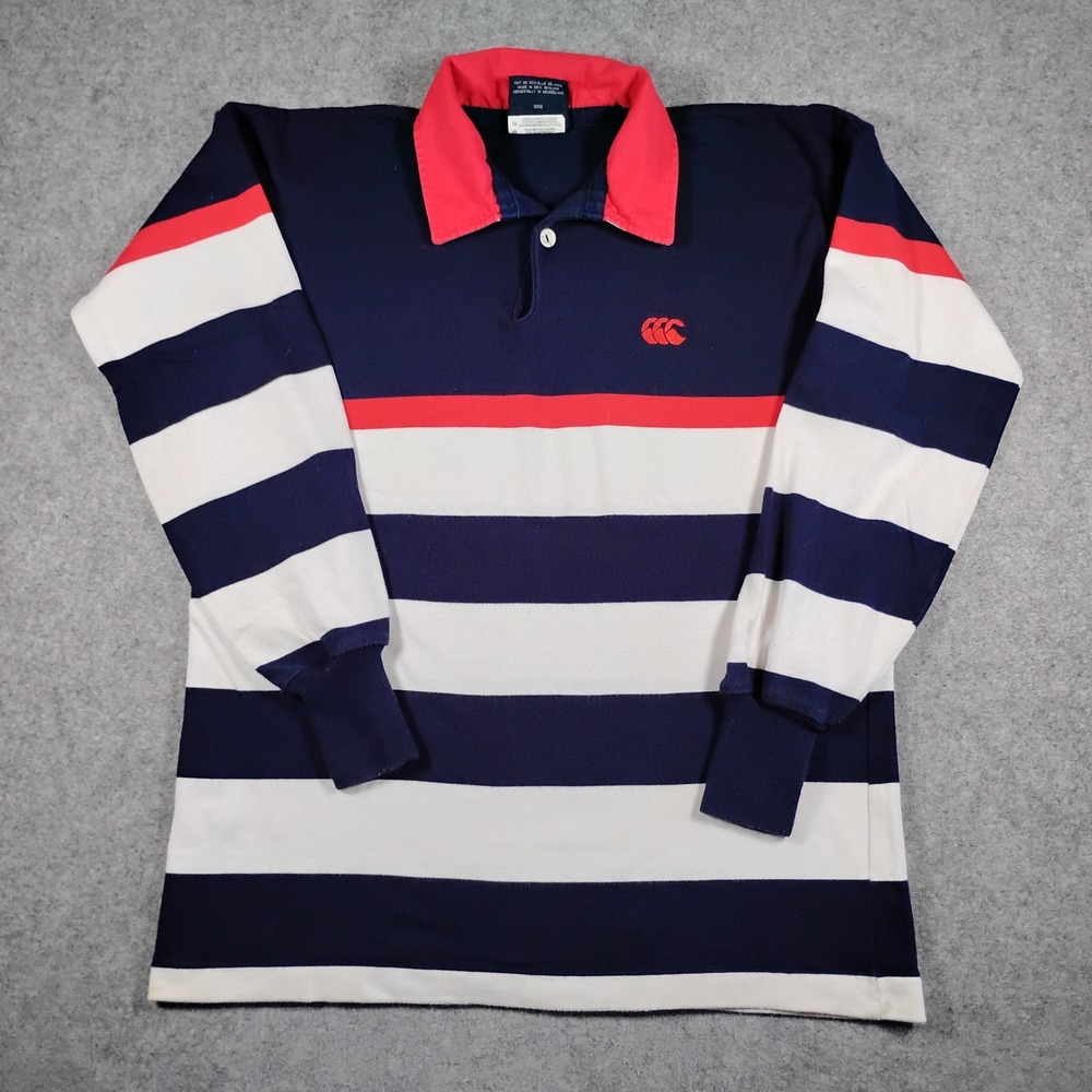 Canterbury of New Zealand Mens Rugby Jersey Navy Blue White Red Striped Large 44